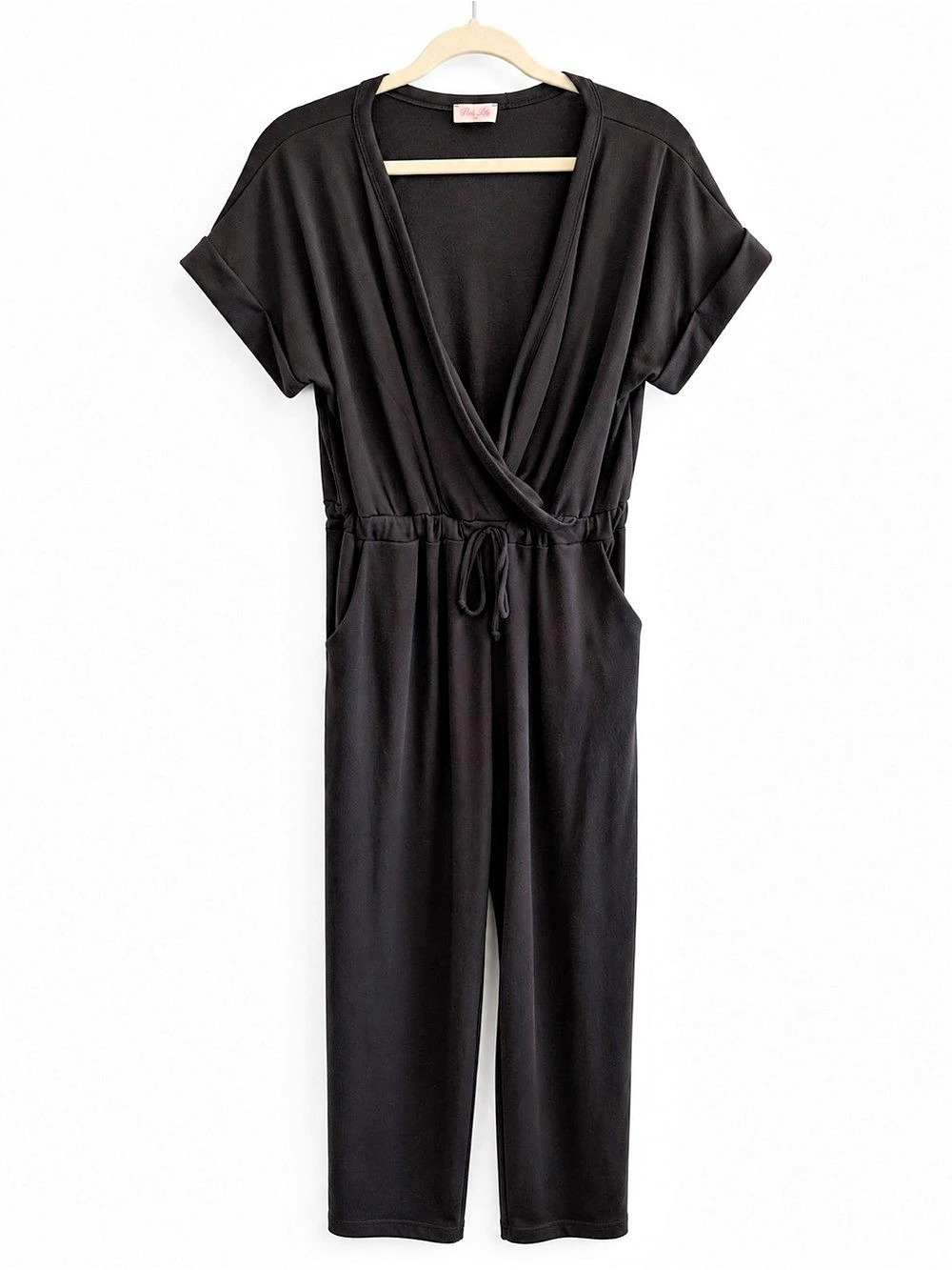 Pink Lily Black Wrap Jumpsuit with Drawstring Waist